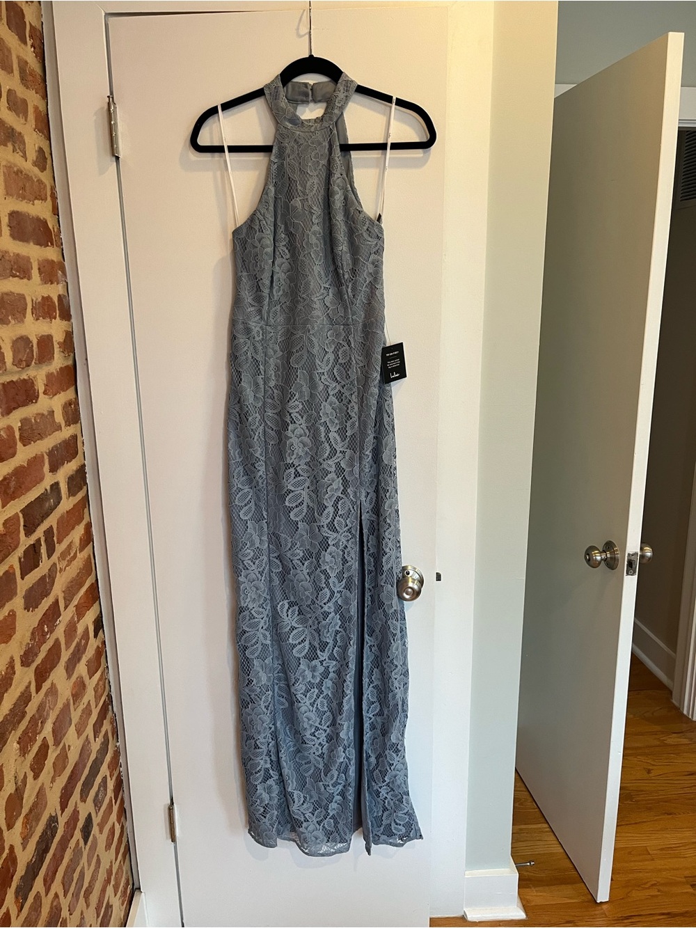 Lulu's Slate Blue Lace Halter Maxi Dress